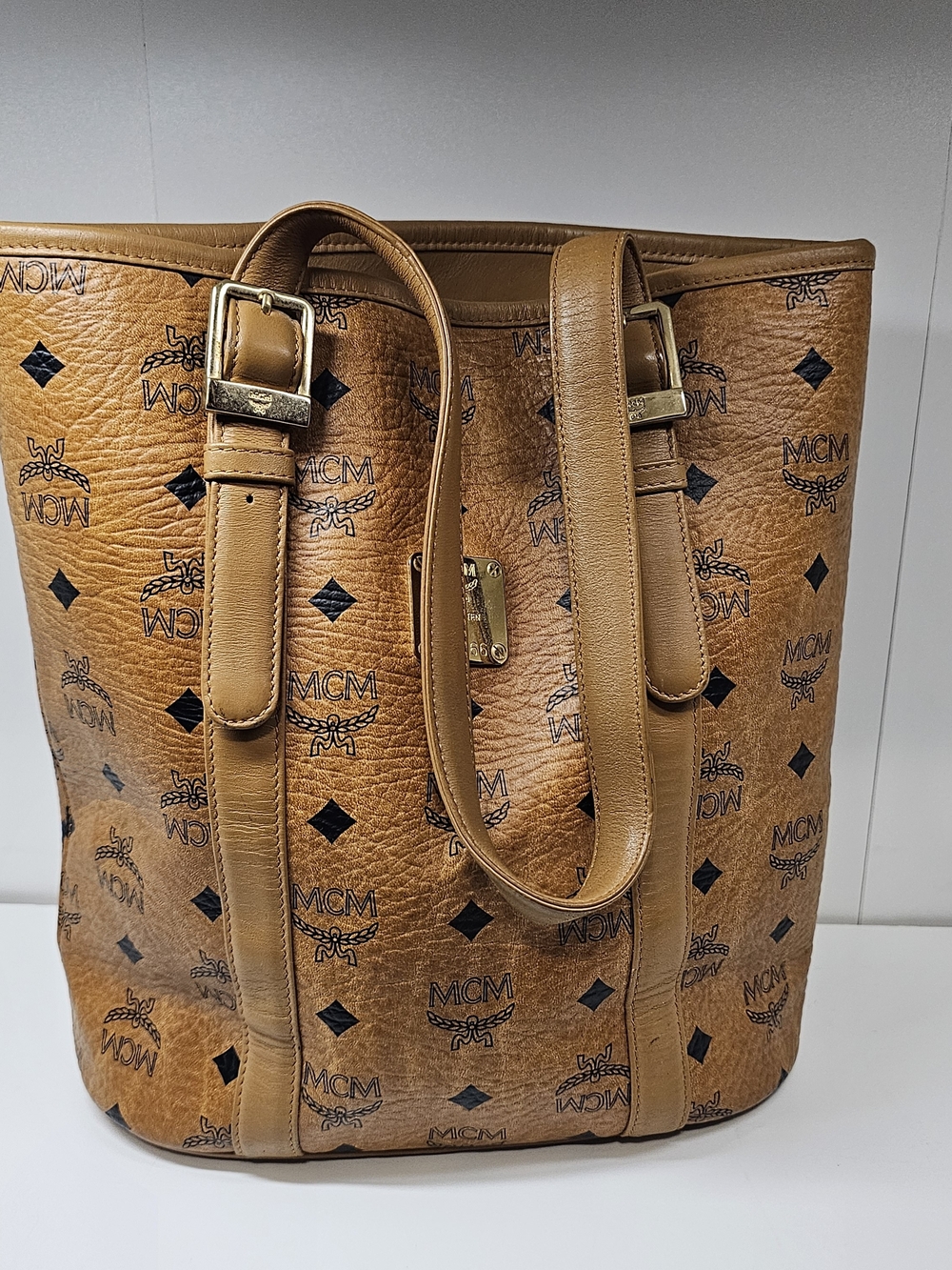 MCM Cognac Visetos Leather Tote Bag